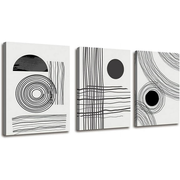 Black and White boho Abstract Wall Art 3 Pieces Stretched and Framed Canvas Painting Geometry Black Stroke Artwork for Home Office Bedroom Bathroom and Living Room Wall Decor Size: 12"x16"x3