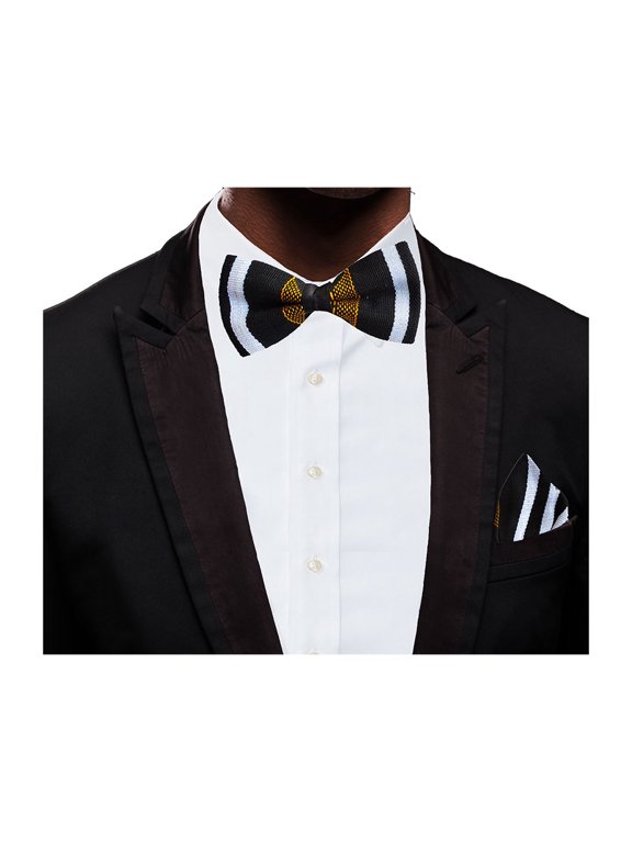 Black, White with Gold Handwoven Kente Bow Tie and Pocket Triangle