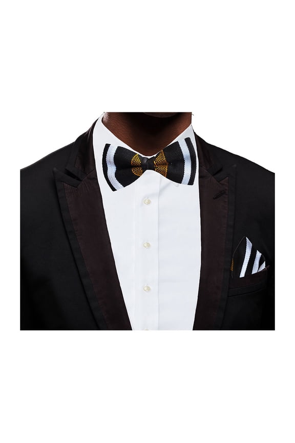 Black, White with Gold Handwoven Kente Bow Tie and Pocket Triangle
