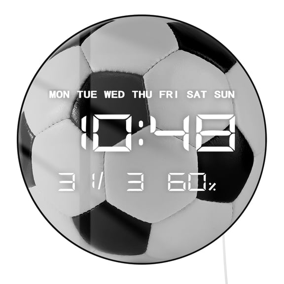 Black WhiteBall Texture LED Digital Wall Clock With Temperature Humidity Date Week Large Number Display Multifunctional 12/24hr Electronic Wall Clock Sports Teen Room Home Decor for Soccer Fans
