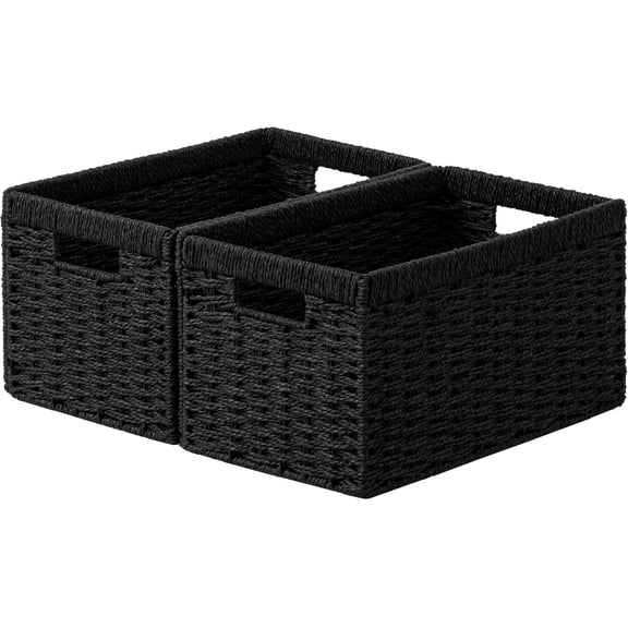 Black Wicker Baskets for Shelves, 13.4L x 8. x 7.1H inch Hand-woven Storage Baskets for Pantry Organizing, Foldable Rectangular Bin with Handles, 2-pack