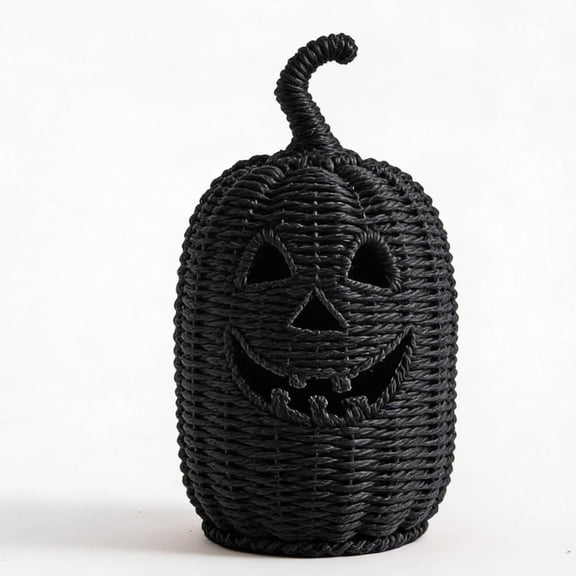 Black Wicker Jack-O-Lantern Pumpkin, Woven Rattan Halloween Pumpkin, Cutout Face Tabletop Decor for Porch Entryway Mantel - 11.8 Inch