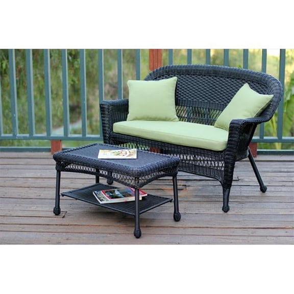 Black Wicker Patio Love Seat And Coffee Table Set With Green Cushion