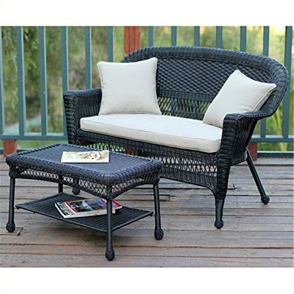 Jeco Black Wicker Patio Love Seat And Coffee Table Set With Tan Cushion-Color:Black,Material:Wicker