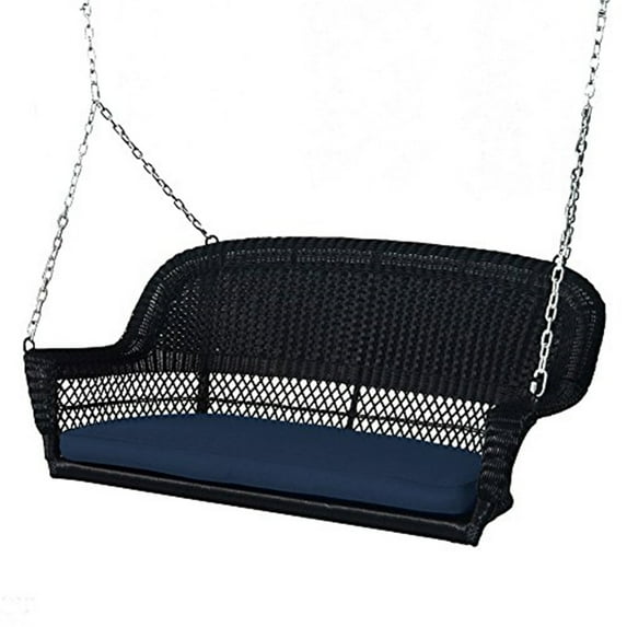Jeco Black Resin Wicker Porch Swing with Midnight Blue Cushion