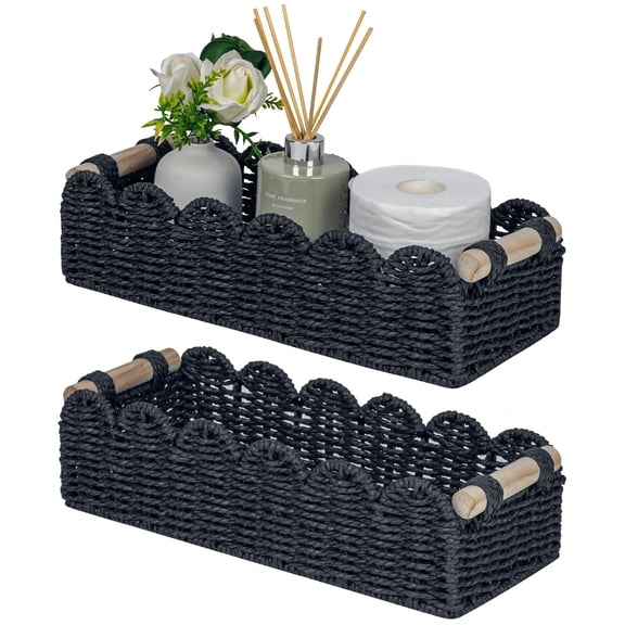 Black Wicker Storage Baskets 2-Pack Scalloped Decorative Organizer for Home Use