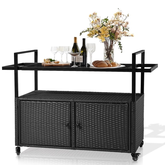 Black Wicker Textured Outdoor Bar Cart with Storage and Wheels, Glass Top Mobile Patio Serving Table, Heavy Duty Rattan Food Storage Trolley Cabinet for Pool Party Backyard Porch, Adult Large Furnitu
