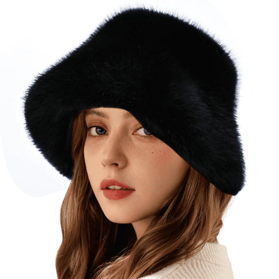 Black Wide Brim Faux Fur Bucket Hat for Women, Fluffy Plush Warm Winter Hats for Daily Commute & Outdoor Use