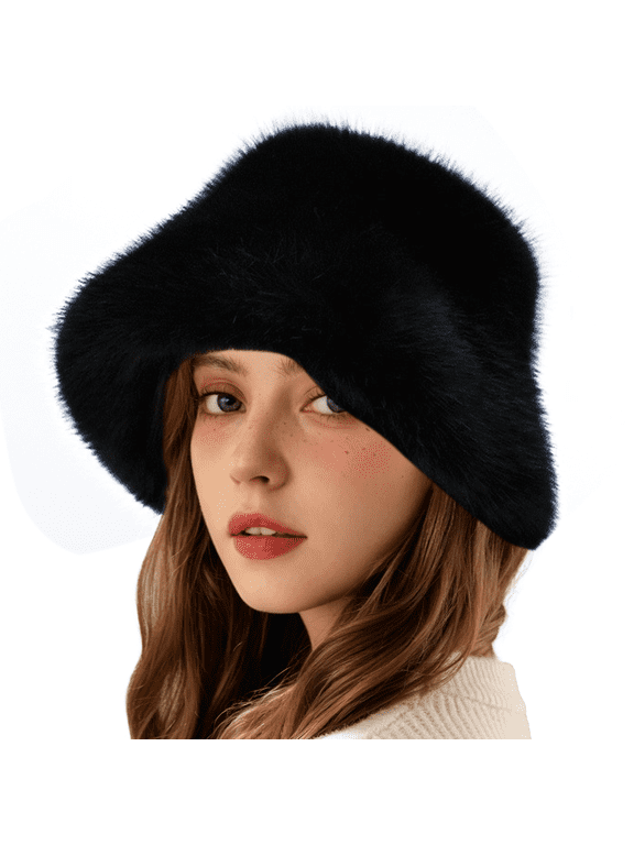 Black Wide Brim Faux Fur Bucket Hat for Women, Fluffy Plush Warm Winter Hats for Daily Commute & Outdoor Use