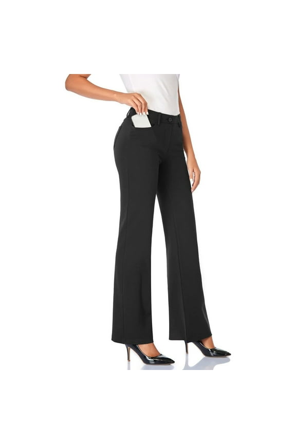 Black Wide Leg Pants Women's Stretchy Dress Pants with Pockets Tall Petite Regular for Work Business