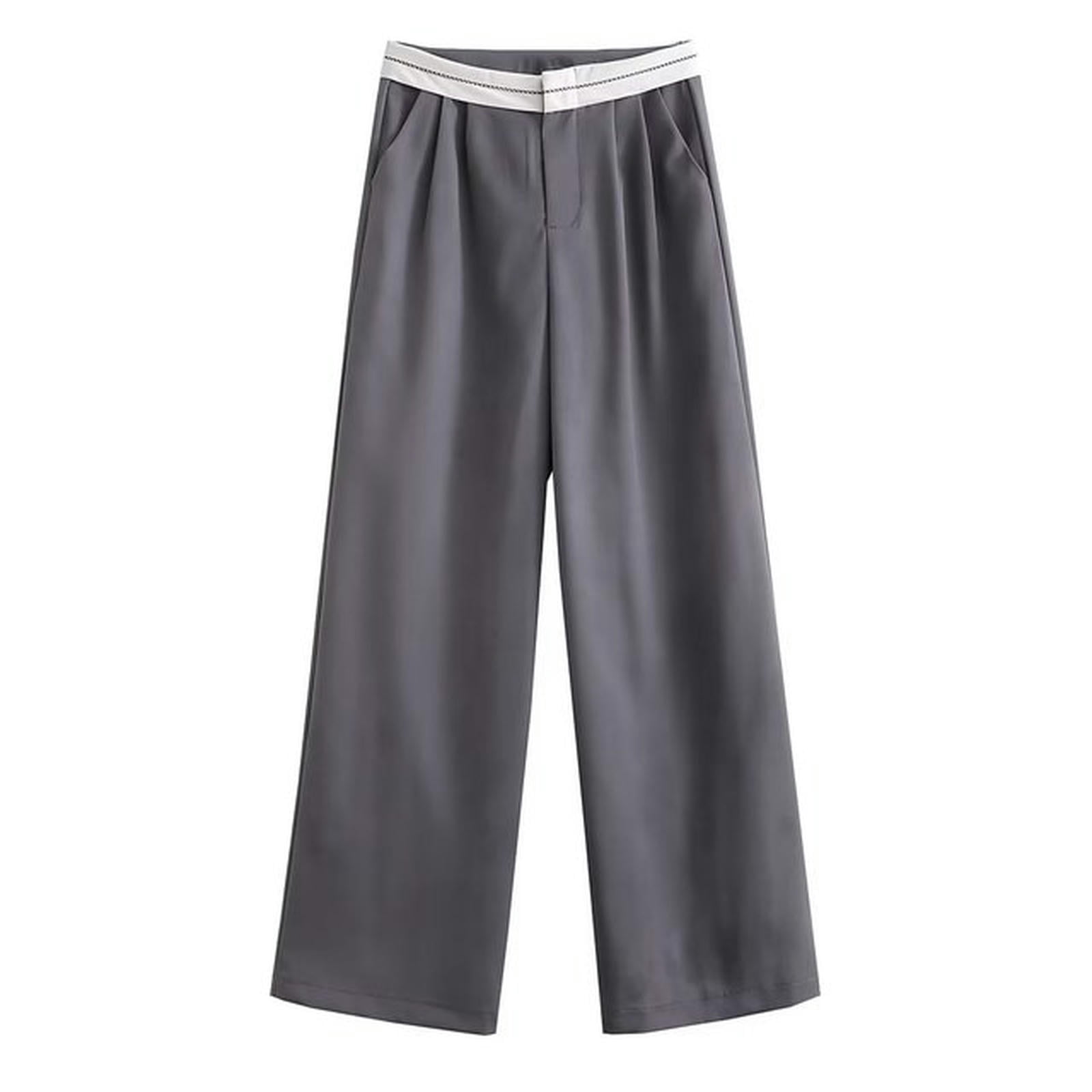 Black Wide Leg Pants with Contrast Waist Women Stright Trousers Casual ...