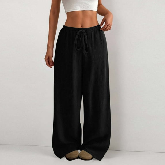 Black Wide Leg Sweatpants Women's Solid Casual Pants Straight Leg Lightweight Loose Trousers with Pockets Fashion Clothing