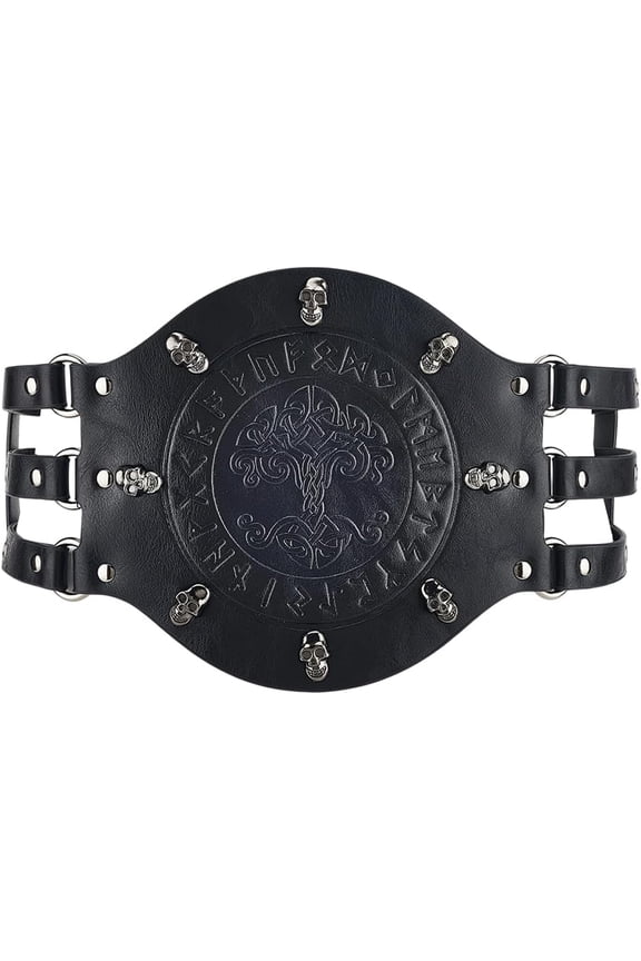 Black Wide Waist Belt Medieval Norse Embossed Waist Armor Barbarian PU Leather Belt Vintage Knight Corset Costume for Men Women Renaissance LARP Warrior Cosplay