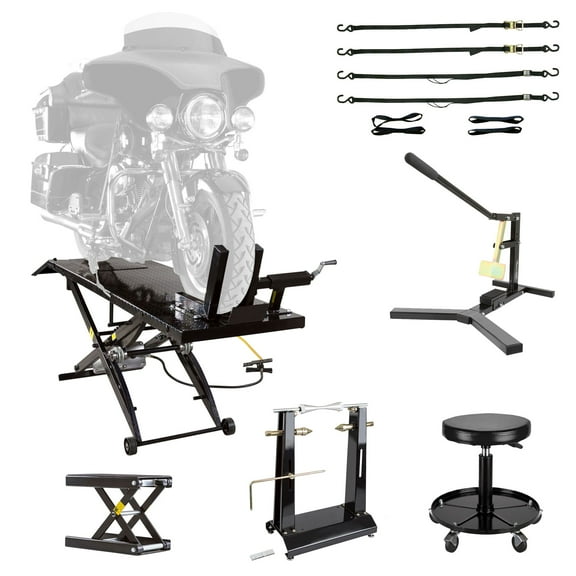 Black Widow Deluxe Motorcycle Shop Kit - 1,000 lb. Pneumatic Lift Table, Jack, Tire Bead Breaker, Wheel Balancer, Tie-Down Straps - Home or Garage