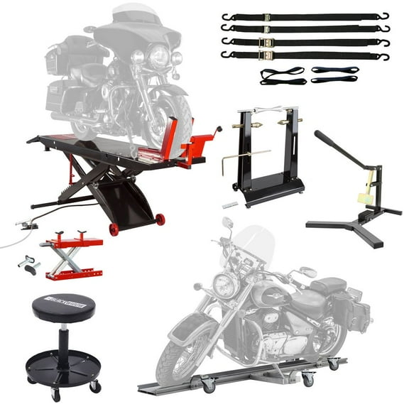 Black Widow Professional Motorcycle Shop Kit - 1,500 lb. Pneumatic Lift Table, Jack, Dolly, Tire Bead Breaker, Wheel Balancer, Tie-Down Straps - Home or Garage