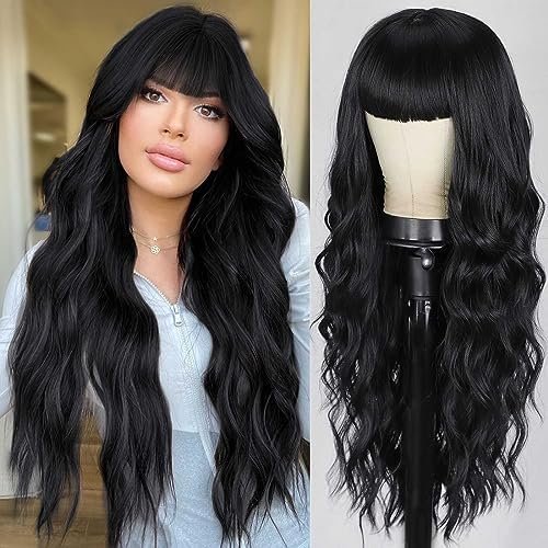 Black Wig with Bangs Long Wavy Wig for Women Synthetic Curly  Black Wigs Hair Replacement Wigs for Girls Daily Party Use 26 Inches
