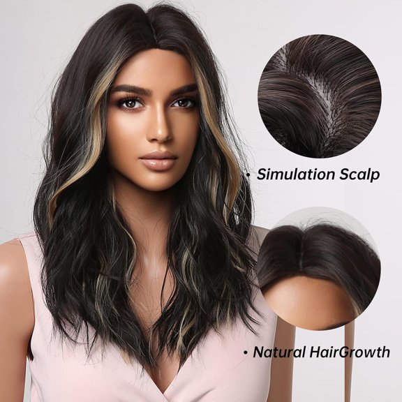 Black Wigs for Women Curly Wig with Highlights Middle Part Synthetic Wig Medium Length for Daily Use Cosplay Dark Brown With Blonde Highlight