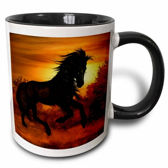 3drose, Black Wild Horse Running in the Sunset, 11oz Two-tone Black Mug