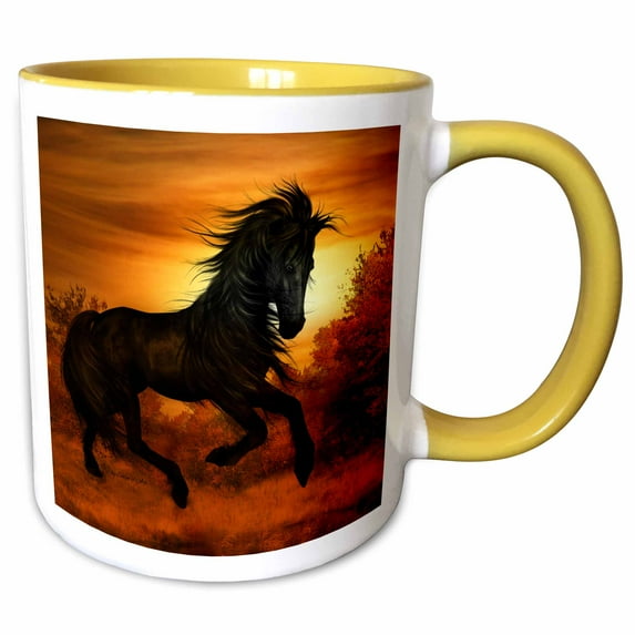3drose, Black Wild Horse Running in the Sunset, 11oz Two-tone Yellow Mug