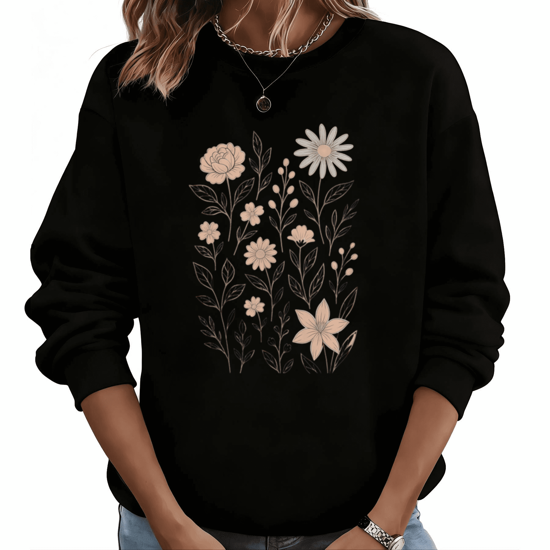 Black Wildflower Graphic Sweatshirt Print Sweatshirt Neutral Casual S ...