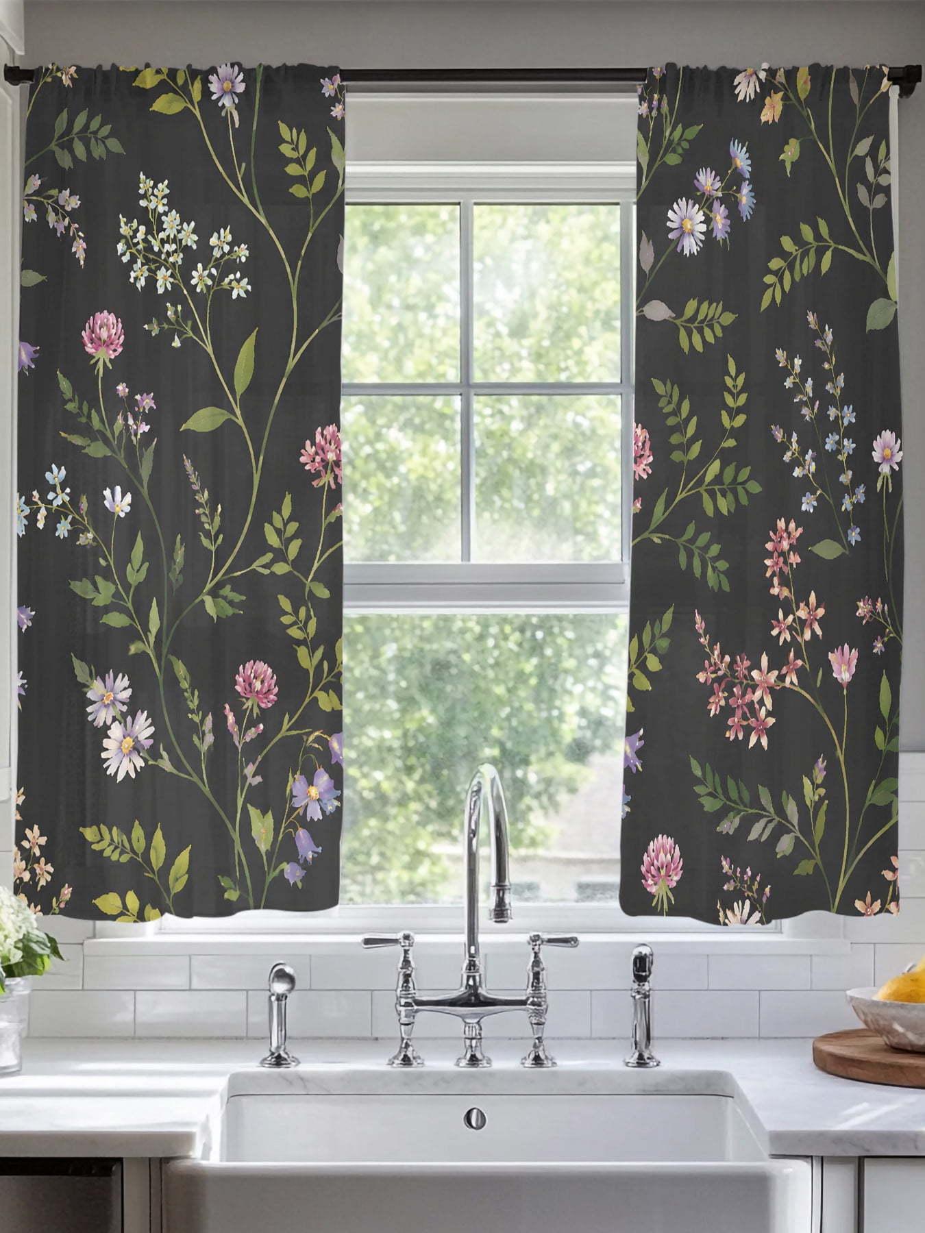 Black Wildflower Sheer Curtains 63 inches Long, Country Pastoral Dark ...