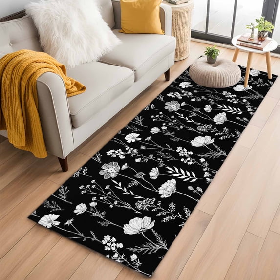 Black Wildflowers Runner Rug 2x6 FT,Non Slip Hallway Rugs,Farmhouse Floral Botanical Leaves Washable Soft Floor Carpet Throw Runner Carpet Long Rug for Entryway Kitchen Bedside Sliding Door