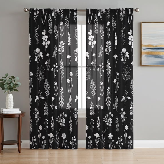 Black Wildflowers Sheer Curtains 72 Inch Length 2 Panels Set, Farmhouse Botanical Garden Floral Voile Window Treatment Rod Pocket Curtains Sheers Drapes for Bedroom/Living Room/Kitchen 52"x72"x2