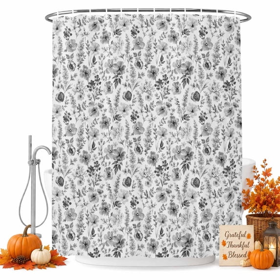 Black Wildflowers Shower Curtain Set - Small 36" x 72" Washable Bathtub Curtain with 12 Hooks, Chic Floral Classic Botanical Waterproof Fabric Stall Shower Curtains for Bathroom/Bathtub Décor