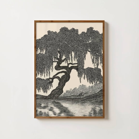 Black Willow Tree Print Moody Forest Art Large Linocut Print Japanese Tree Poster Black Botanical Print Extra Large Wall Art Witchy Decor, Poster Only