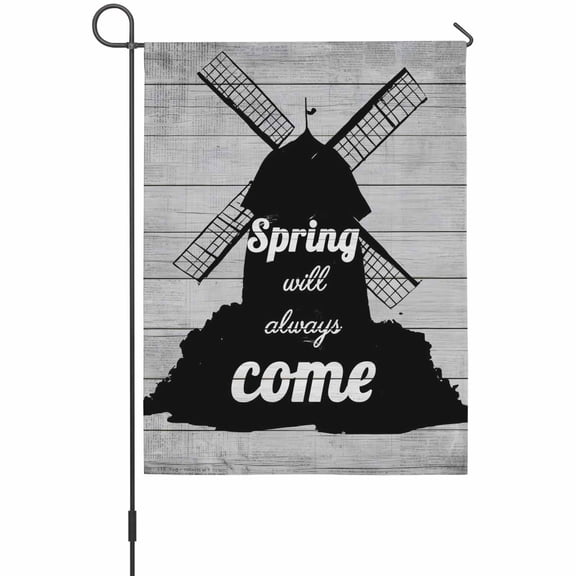 Black Windmill Garden Flag 12 x 18 Inches, Spring Will Always Come Letters Gray Wood Grain Weather Proof Outdoor Patio Flags Double Sided Small Garden Decoration for Yard Outside Home