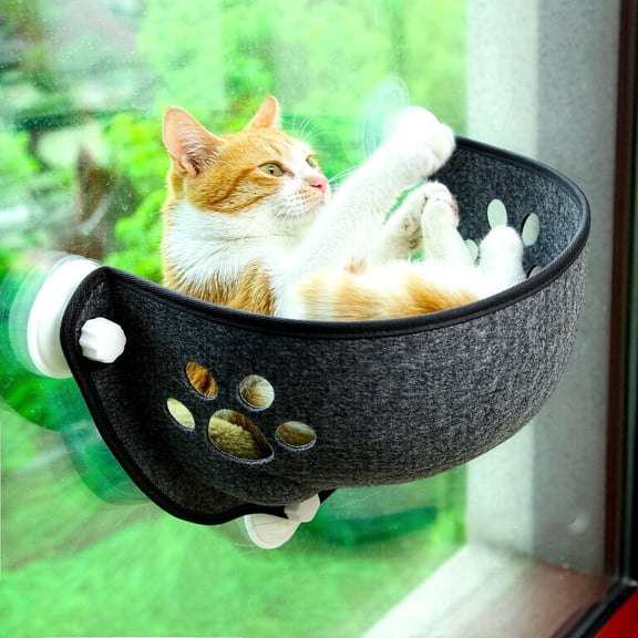 Black Window Mounted Cat Hammock, Suction Cup Felt Cat Window Bed, Space Saving Cat Perch for Indoor Cats Christmas Holiday Resting