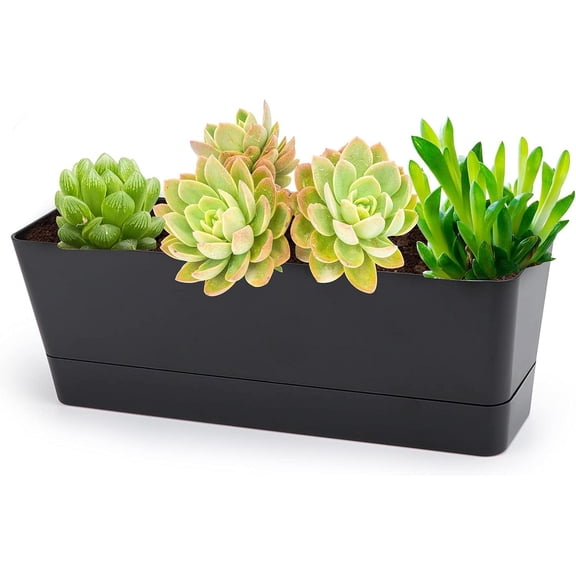 Black Window Planter Box 1 Pcs, 12 inches Plastic Window Boxes Rectangular Flower Vegetable Planters with Drainage Holes and Saucers,Large Planters for Indoor Plants Outdoor Garden Patio