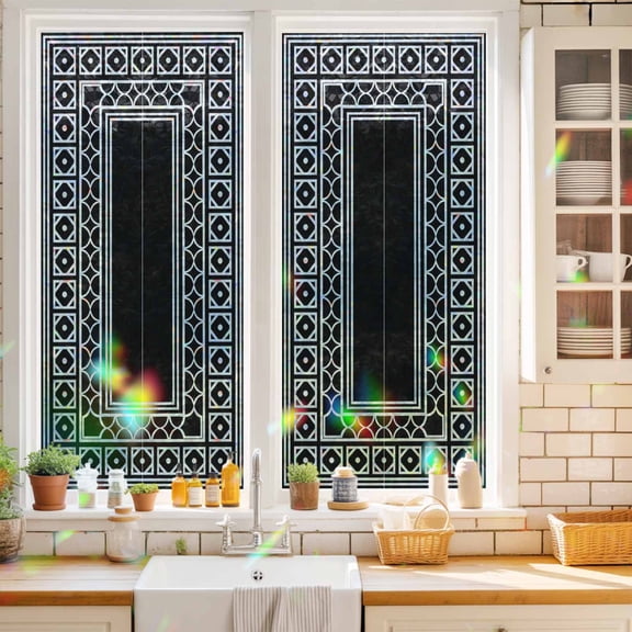 Black Window Privacy Film Boho Diamond Pattern Border Rustic Southwestern Static Cling Stained Glass Window Film Non-Adhesive Decorative Decals Rainbow Sticker 17.7"X39.3"