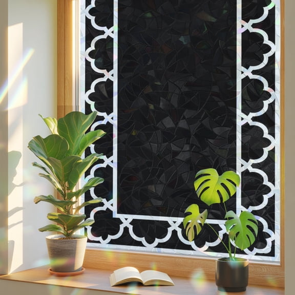 Black Window Privacy Film, Geometric Morocco Printed Border Modern Rustic Noir Dark Stained Glass Rainbow Film Decorative Window Clings, Static Cling Sun Blocking Stickers 17.7" x 39.3"
