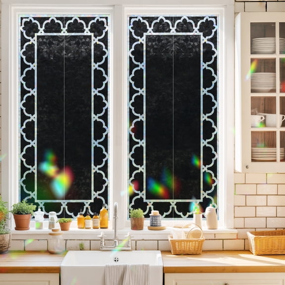Black Window Privacy Film Geometric Morocco Printed Border Modern Rustic Noir Dark Static Cling Stained Glass Window Film Non-Adhesive Decorative Decals Rainbow Sticker 17.7"X39.3"