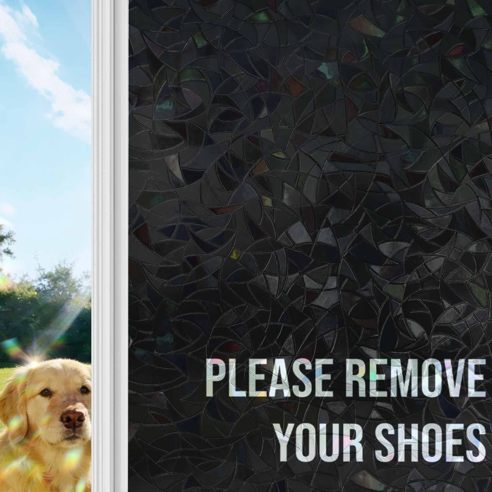 Black Window Privacy Film Stain Glass,Reusable Decorative Rainbow Window Film,Funny Letters Please Remove Your Shoes Non-Adhesive Static Cling Sun Blocking Stickers Decals Covers 23.6" x 78.7" (2pcs)