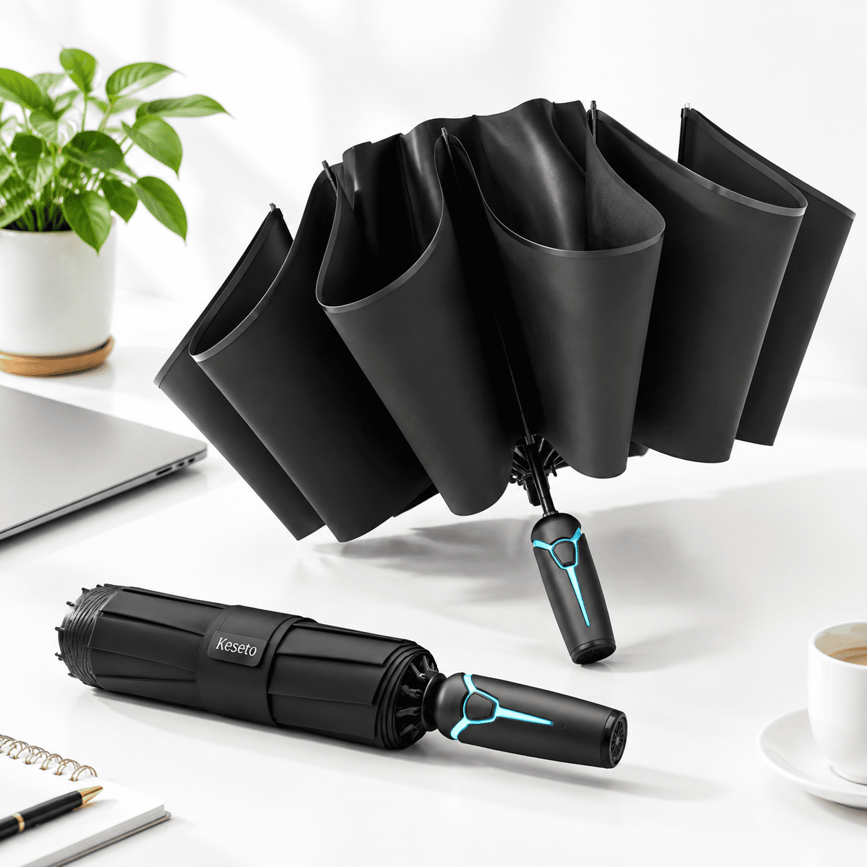 Black Windproof Travel Rain Umbrella, 52 Inch Automatic Reverse Fold ...