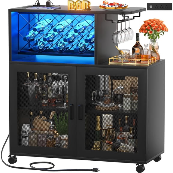 Black Wine Bar Cabinet with Wheels, LED Light, and Power Outlets, Small Liquor Cart with Wine Rack and Glass Storage