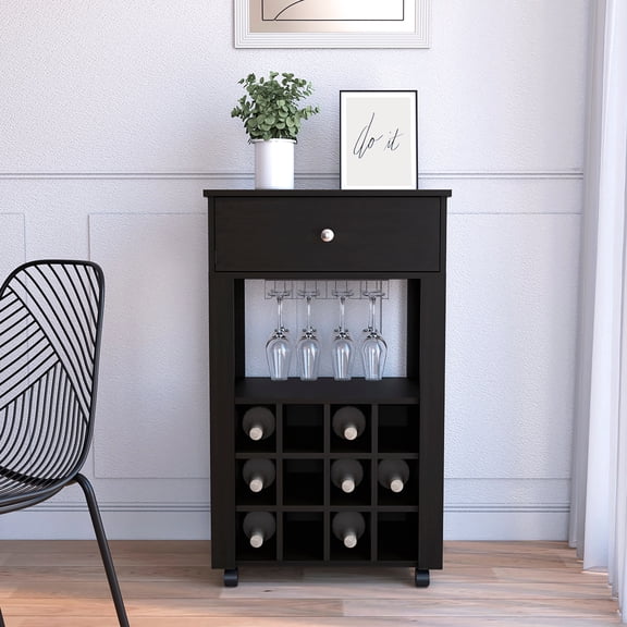 Black Wine Cabinet Storage 39" H - 12 , 1 Cup Holder, Drawer Bottle Rack H, Space