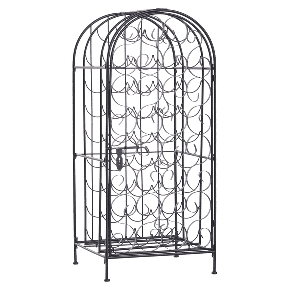 Black Wine Cabinet with Lock 35 Bottle Wrought Iron Storage Rack