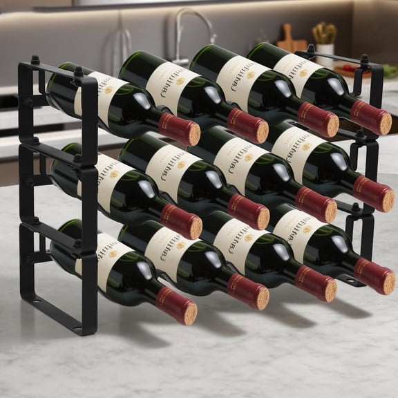 Black Wine Rack for 12 Bottles – Stackable & Expandable Metal Wine Bottle Holder for Bar Counter, Cabinet, Pantry, or Small Spaces – Modern Freestanding Wine Storage Shelf (3 Tier, Black)