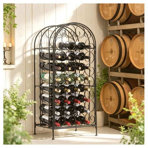 Black Wine Rack Cabinet 35 Bottle Wrought Iron Home Bar Storage with Lock