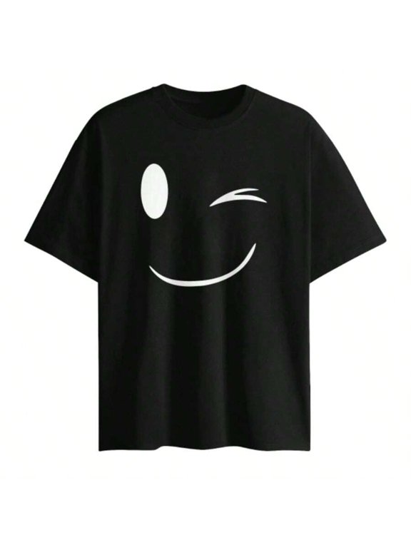 Black Winking Smiley Face Graphic T-Shirt, Short Sleeve Crew Neck, Unisex Casual Oversized Top