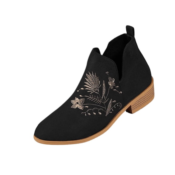 Black Winter Ankle Boots For Women Embroidery Round Toe Thick Heel Side Zipper Design