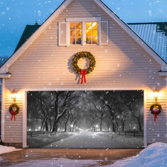 Black Winter Forest Garage Door Banner Covers, Dreamy Wonderland Snowflake Landscape Background Large Hanging Indoor/Outdoor Backdrop Background for Christmas Winter Party Decor, 6x13 FT