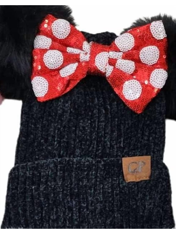 Black Winter Minnie inspired Pom Beanie, Mickey minnie hat, winter hat , Mickey Minnie inspired , faux pearl beanie, Pom Pom hat / beanie