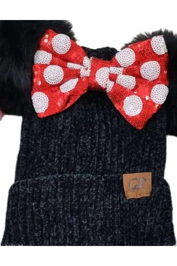 Black Winter Minnie inspired Pom Beanie, Mickey minnie hat, winter hat , Mickey Minnie inspired , faux pearl beanie, Pom Pom hat / beanie