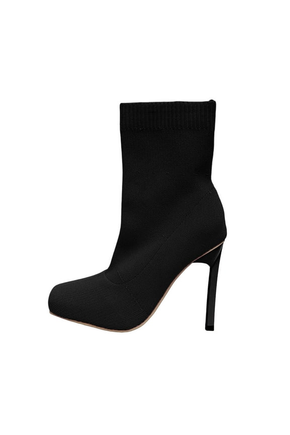 Black Winter Sock Boots For Women With Square Toe And Slim High Heel, Offering A Snug Fit And Modern Style