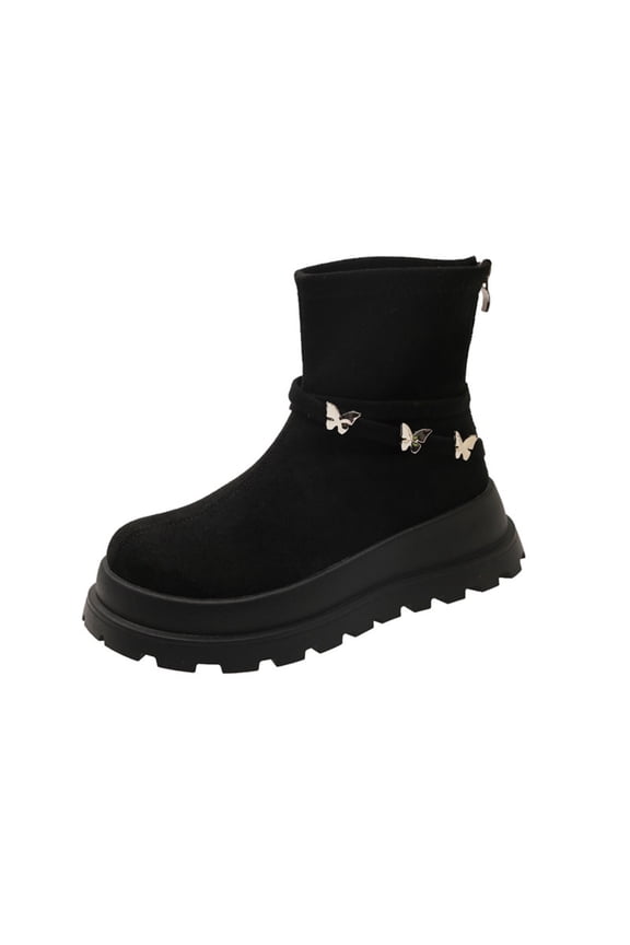 Black Winter Womens Casual Ankle Boots Round Toe Back Zipper Flat Thick Sole Comfortable Booties