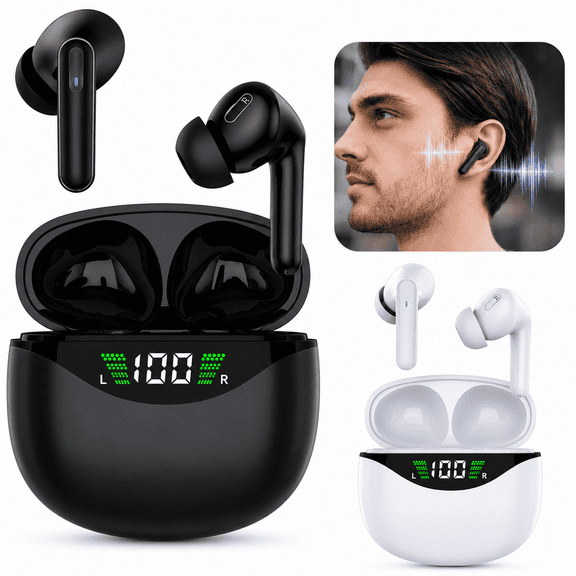 Black Wireless Bluetooth 5.3 Earbuds Noise Cancelling TWS In Ear Headphones with Charging Case HD Voice Built In Mic Sweatproof Touch Control NFC Pairing Rechargeable Sports Earphones Black